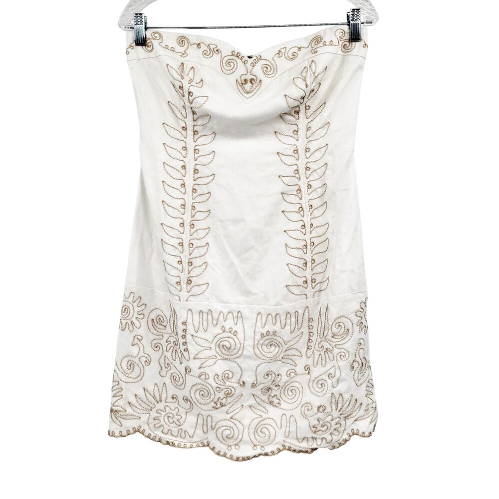 Nicole Miller Linen Blend Embroidered Cream & Tan Strapless Shift Dress Size 6